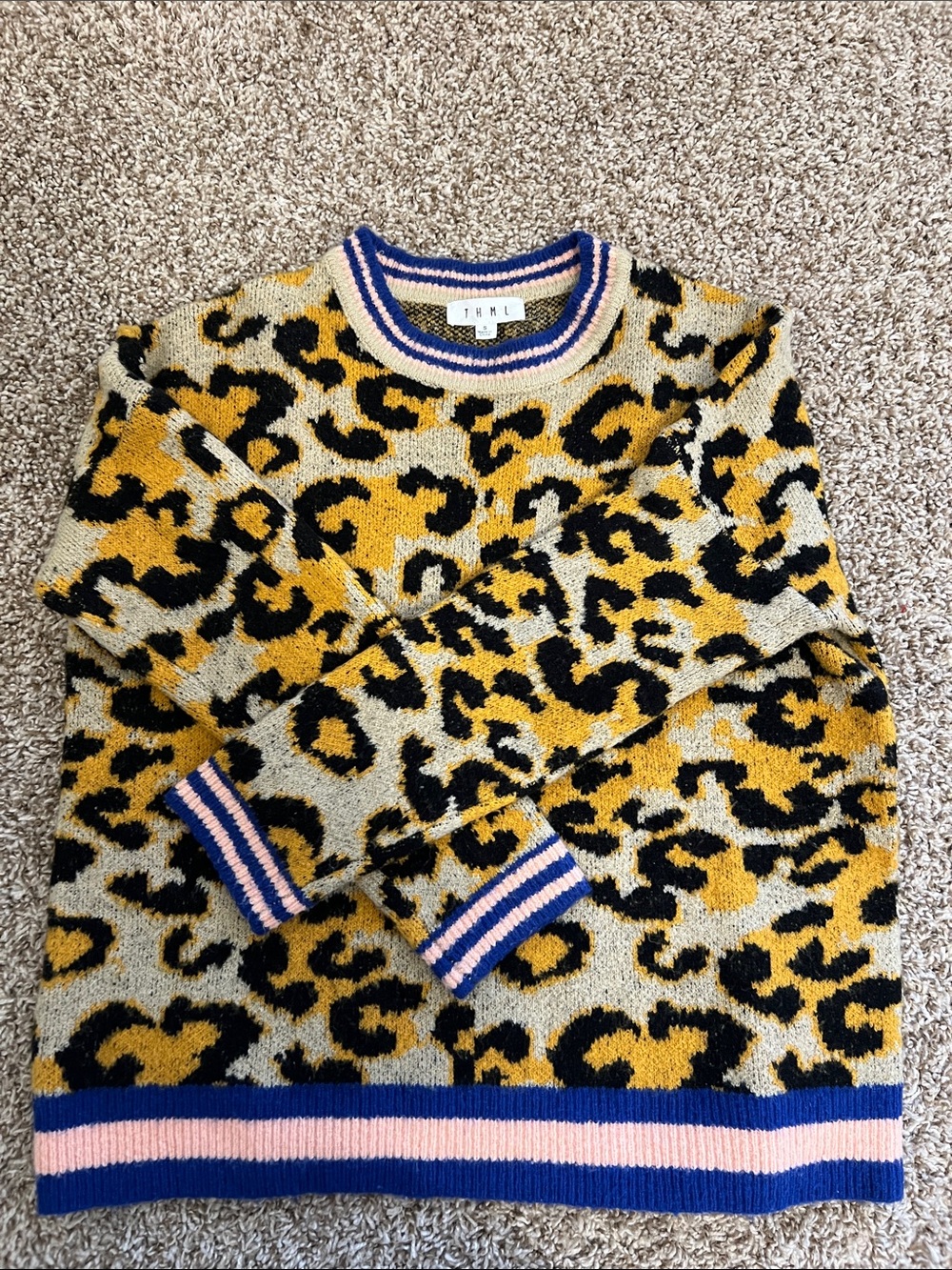 THML Leopard Print Knit Sweater with Yellow, Black & Pink-Blue Trim